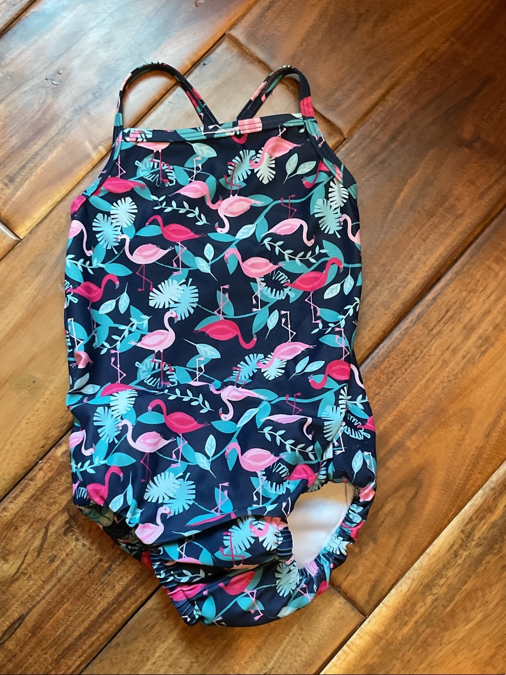 Girls Navy Flamingo Print One-Piece Swimsuit with Pink & Teal Accents